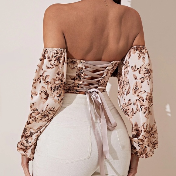 Boho Floral Print Lace up Off Shoulder Corset Top - Picture 12 of 15